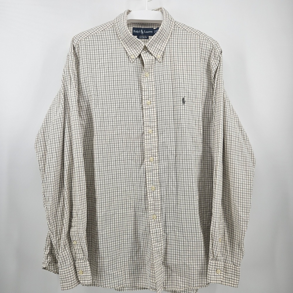 Ralph Lauren Mens XXL Custom Fit Check Button Down Shirt Tan Navy Long Sleeve - Picture 2 of 9